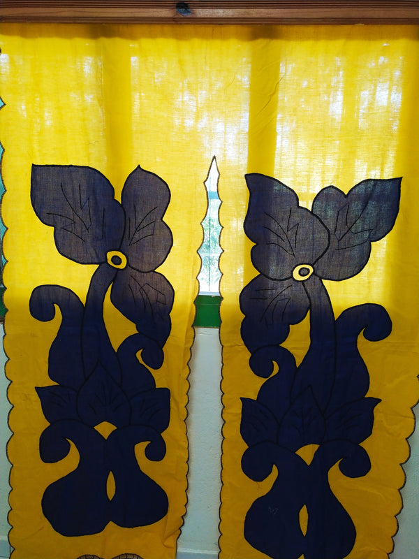 Rideau petademba 2 portes jaune avec motifs bleus