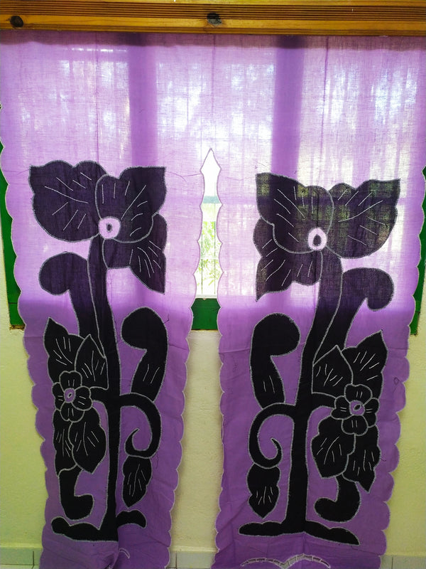 Rideau petademba 2 portes violet avec motifs noirs