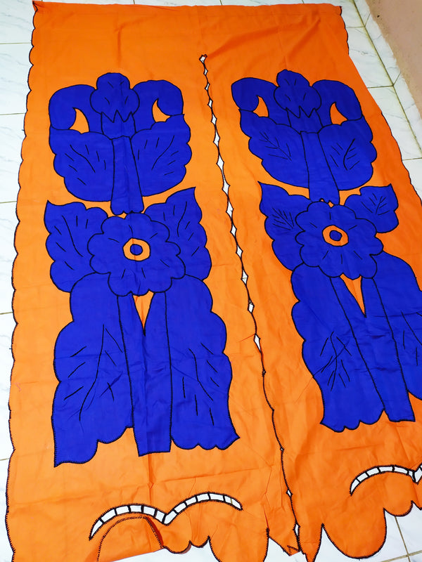 Rideau Petademba 2 Portes Fond Orange Motifs Bleus - ALI BA GASY